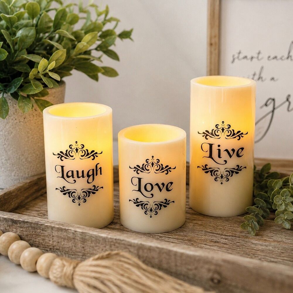 Flameless Pillar Candles Ivory Set Of 3 LIVE LAUGH LOVE Battery Operated Decor